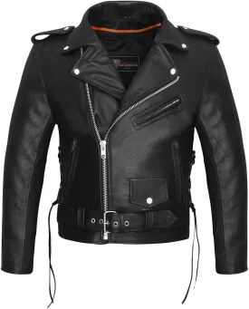 Men's Premium Classic Police Style Motorcycle Black Leather Jacket, Side Laces, & Removeable Thermal Liner