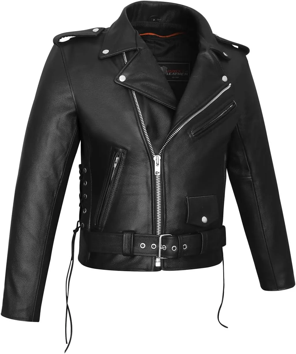 Men's Premium Classic Police Style Motorcycle Black Leather Jacket, Side Laces, & Removeable Thermal Liner