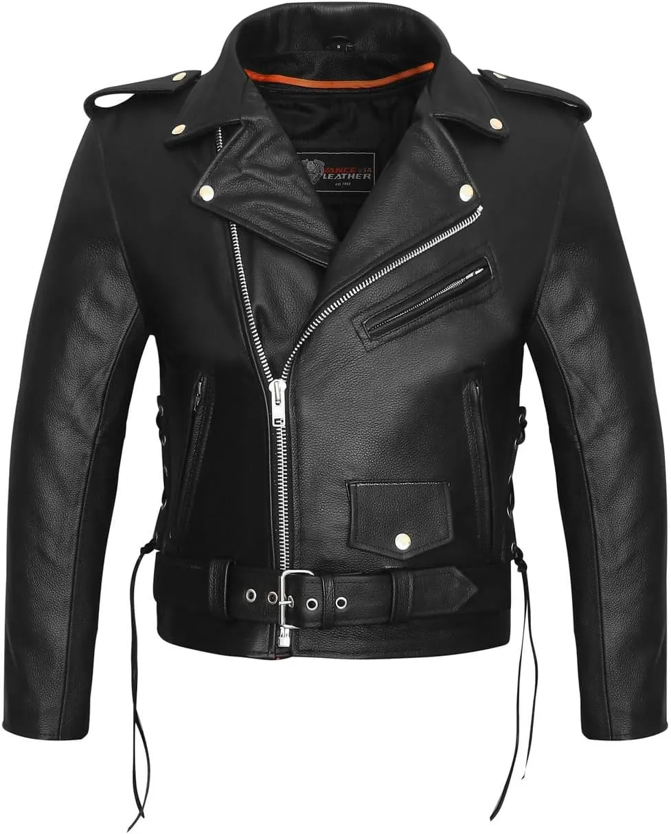 Men's Premium Classic Police Style Motorcycle Black Leather Jacket, Side Laces, & Removeable Thermal Liner