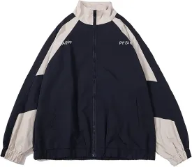 Men's Varsity Jacket Harajuku Vintage Bomber Jackets Techwear Windbreaker Color Block Unisex Coats Korean Streetwear (B Blue,XL)