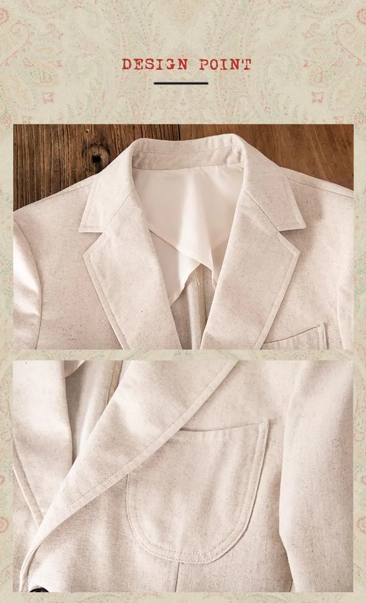 Men's Vintage Cotton Linen Blazer Summer Thin Business Single Suit Jacket