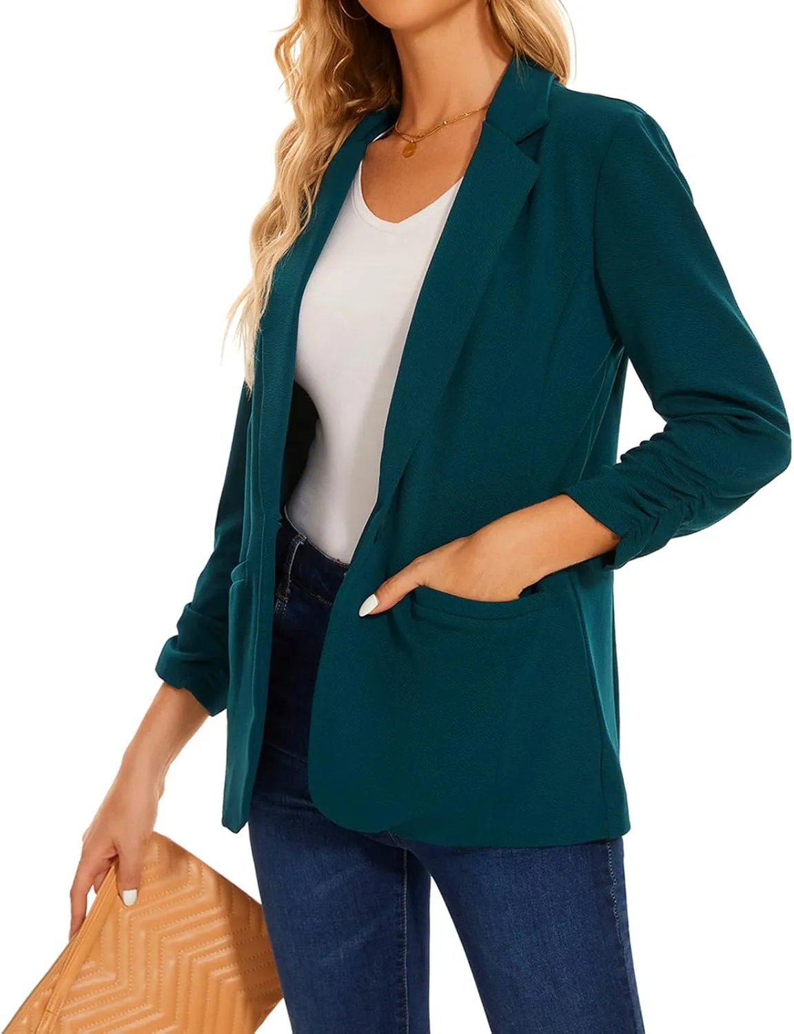 MINTLIMIT Women's Casual Blazer 3/4 Ruched Sleeve Open Front Button Work Office Blazer Jackets with Pockets