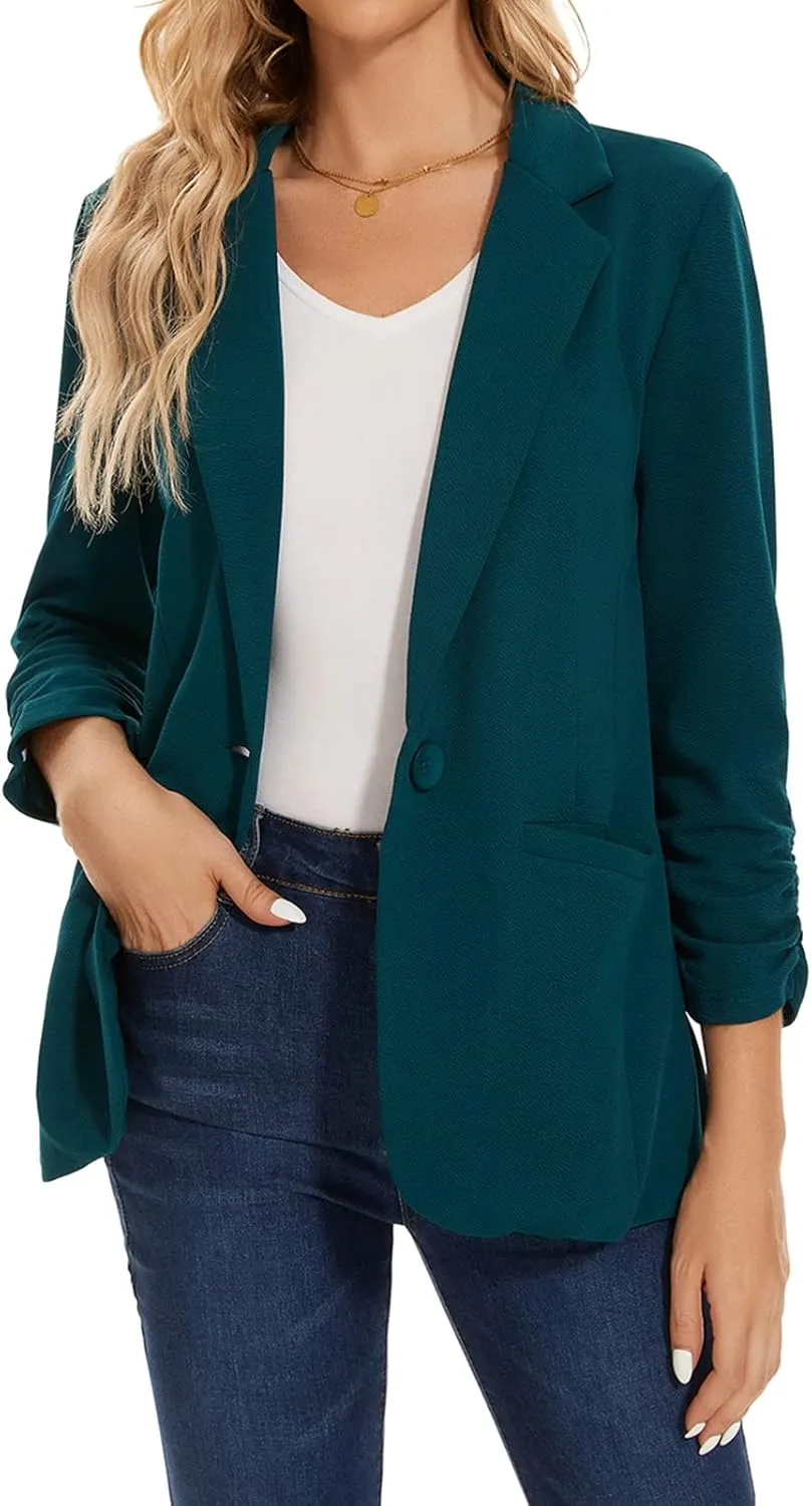 MINTLIMIT Women's Casual Blazer 3/4 Ruched Sleeve Open Front Button Work Office Blazer Jackets with Pockets