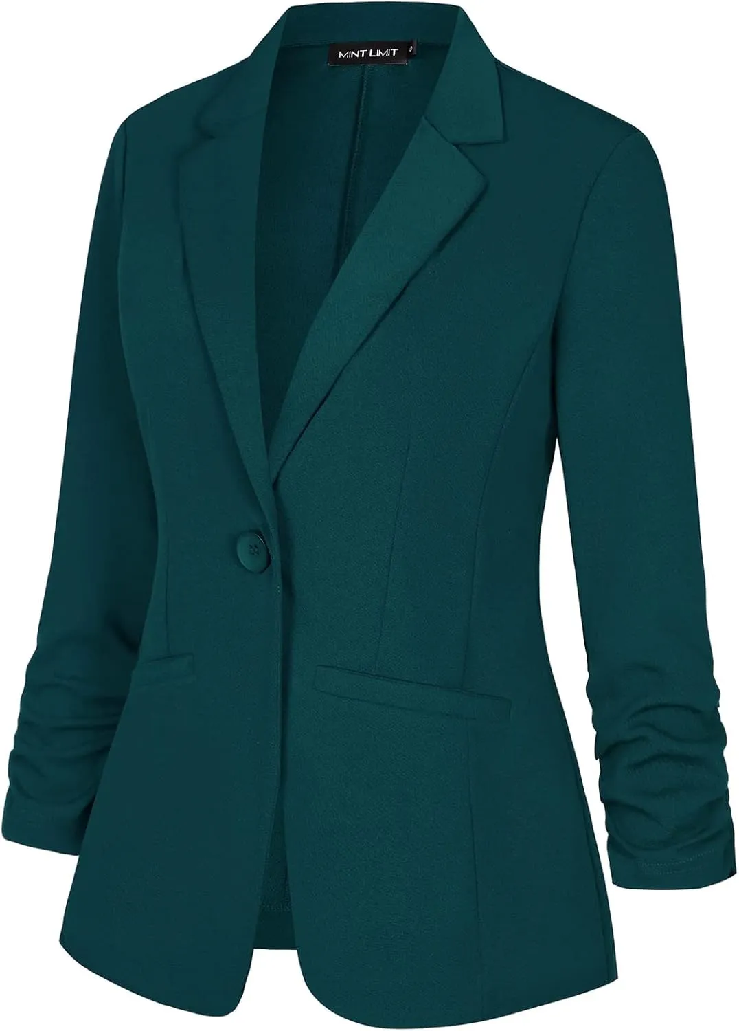 MINTLIMIT Women's Casual Blazer 3/4 Ruched Sleeve Open Front Button Work Office Blazer Jackets with Pockets
