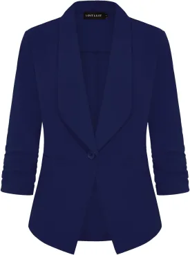 MINTLIMIT Women's Casual Blazer 3/4 Ruched Sleeve Open Front Button Work Office Cardigan Suit Jackets with Pocket