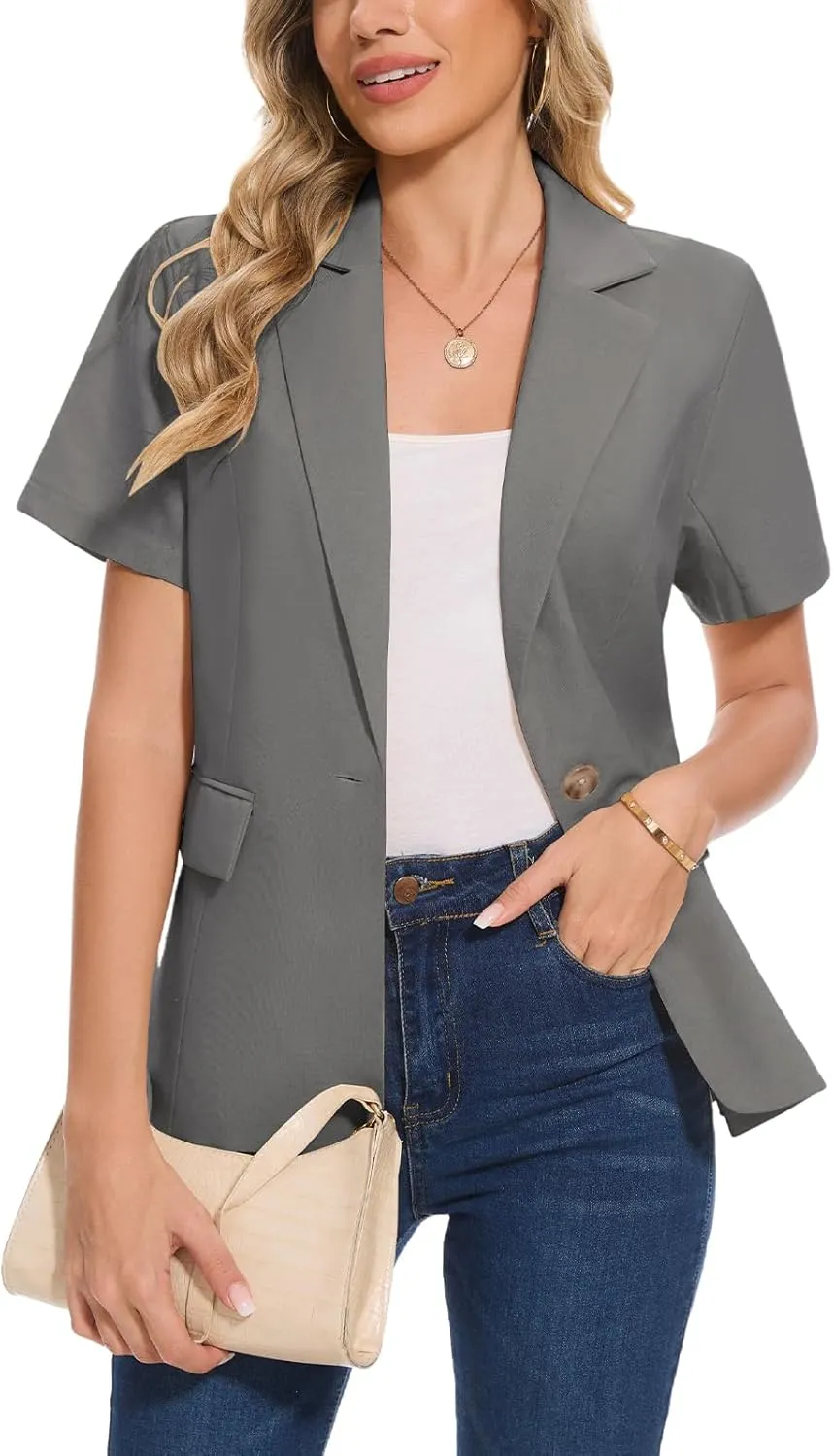 MINTLIMIT Women's Cotton Linen Blazer Jacket Short Sleeve Summer Casual Lightweight Button Lapel Blazers with Pockets