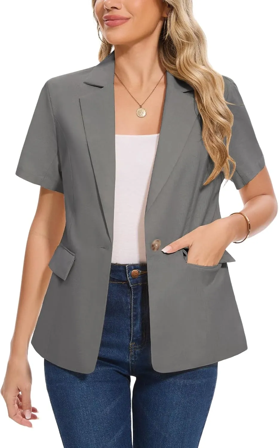 MINTLIMIT Women's Cotton Linen Blazer Jacket Short Sleeve Summer Casual Lightweight Button Lapel Blazers with Pockets