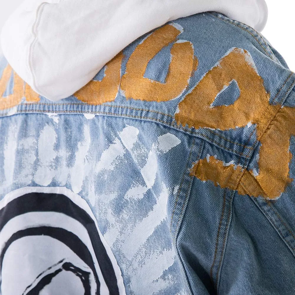 NAGRI Men's Denim Jackets Virgin Mary Trucker Jean Coat Hip Hop Lity of Gods Button Down Jean Jacket