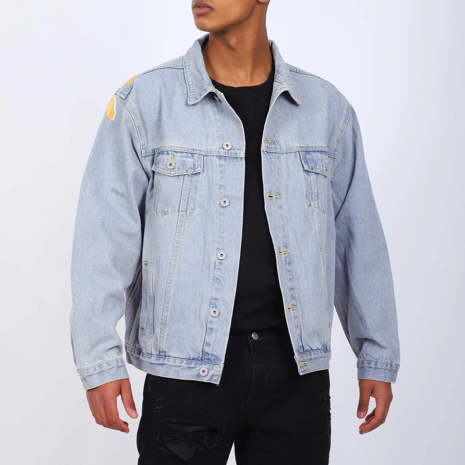 NAGRI Men's Denim Jackets Virgin Mary Trucker Jean Coat Hip Hop Lity of Gods Button Down Jean Jacket