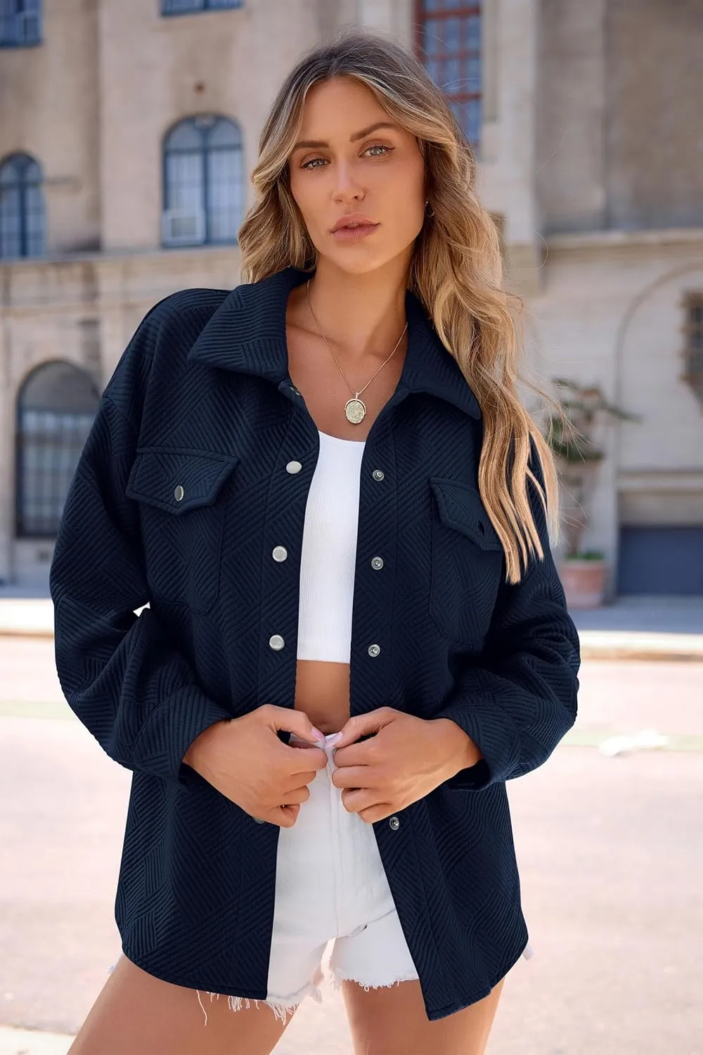 PRETTYGARDEN Women's Oversized Shacket Jackets Spring Fall Fashion Clothes Casual Long Sleeve Loose Collared Blouse Shirts