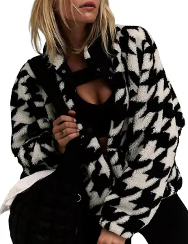 Printed Sherpa Jacket for Women Long Sleeve Button Down Fuzzy Fleece Coat Y2K Outerwear with Pockets