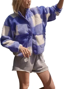 Printed Sherpa Jacket for Women Long Sleeve Button Down Fuzzy Fleece Coat Y2K Outerwear with Pockets