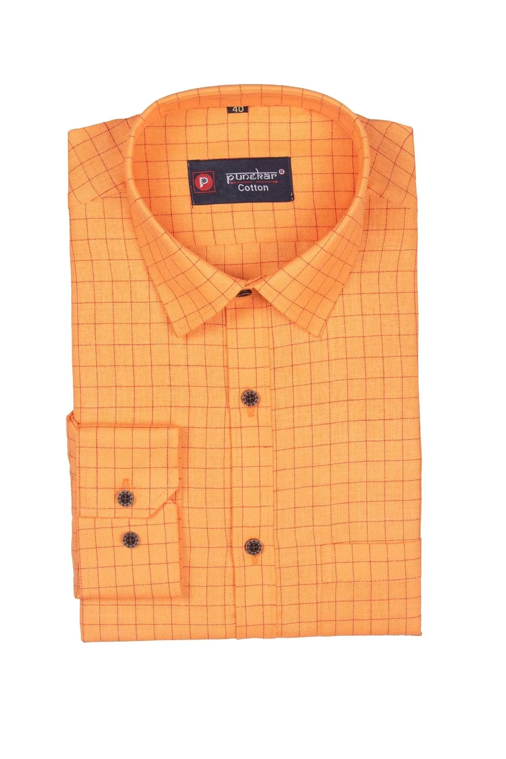Punekar Cotton Tenn Orange Color Check Criss Cross Woven Cotton Shirt for Men's.