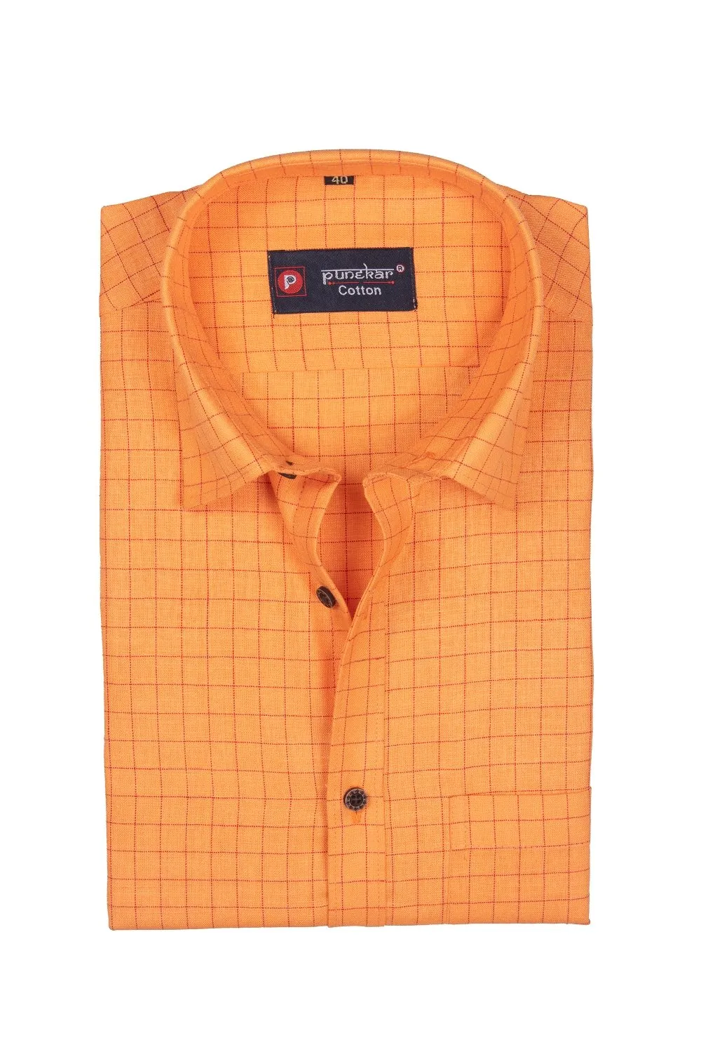 Punekar Cotton Tenn Orange Color Check Criss Cross Woven Cotton Shirt for Men's.