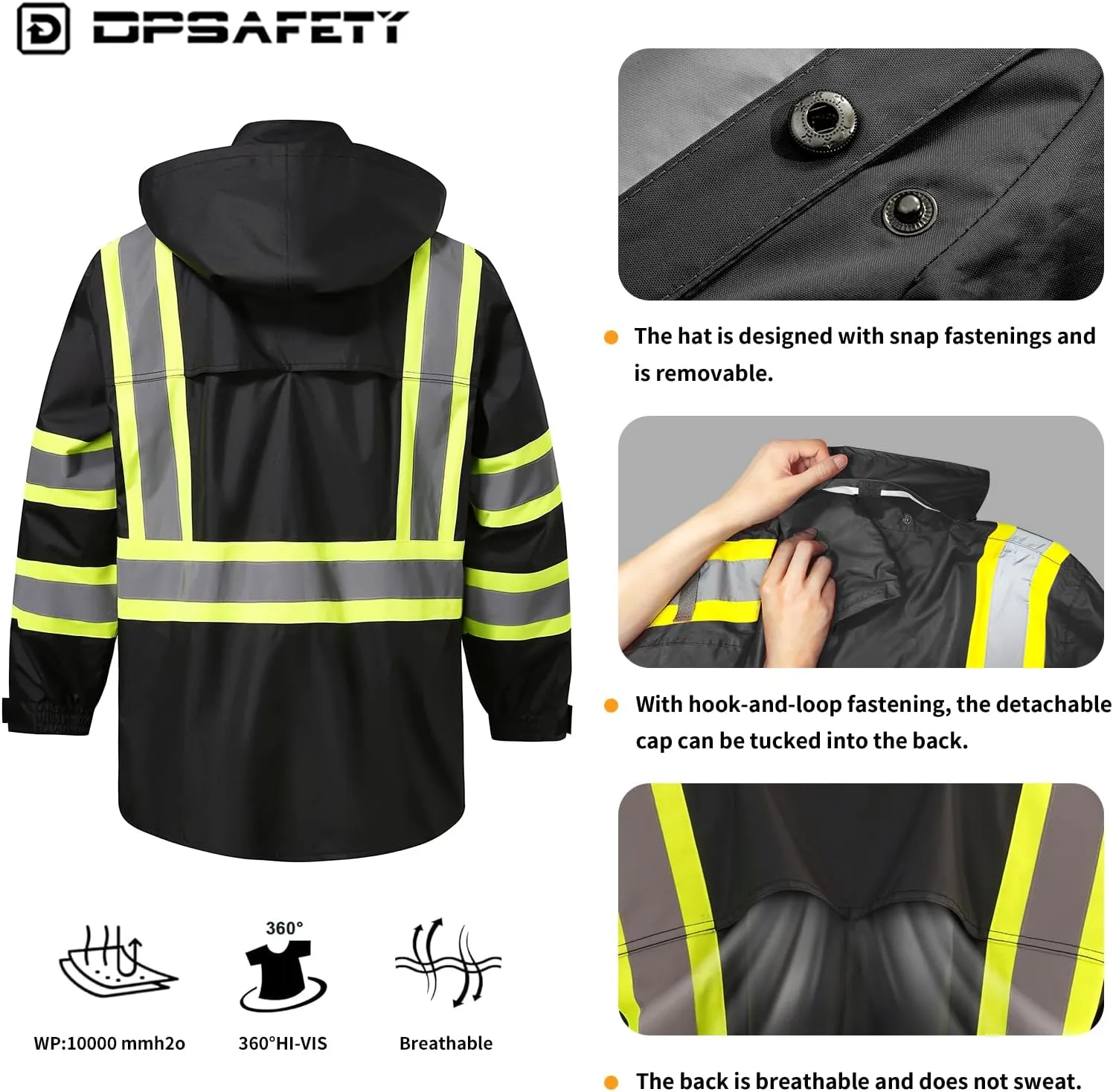 Reflective Rain jackets for men waterproof,Hi Vis Safety Coat With Reflective StripsHigh Visibility Class 3 Rain jackets With 2 large pocketsZipper,Black SM/MD