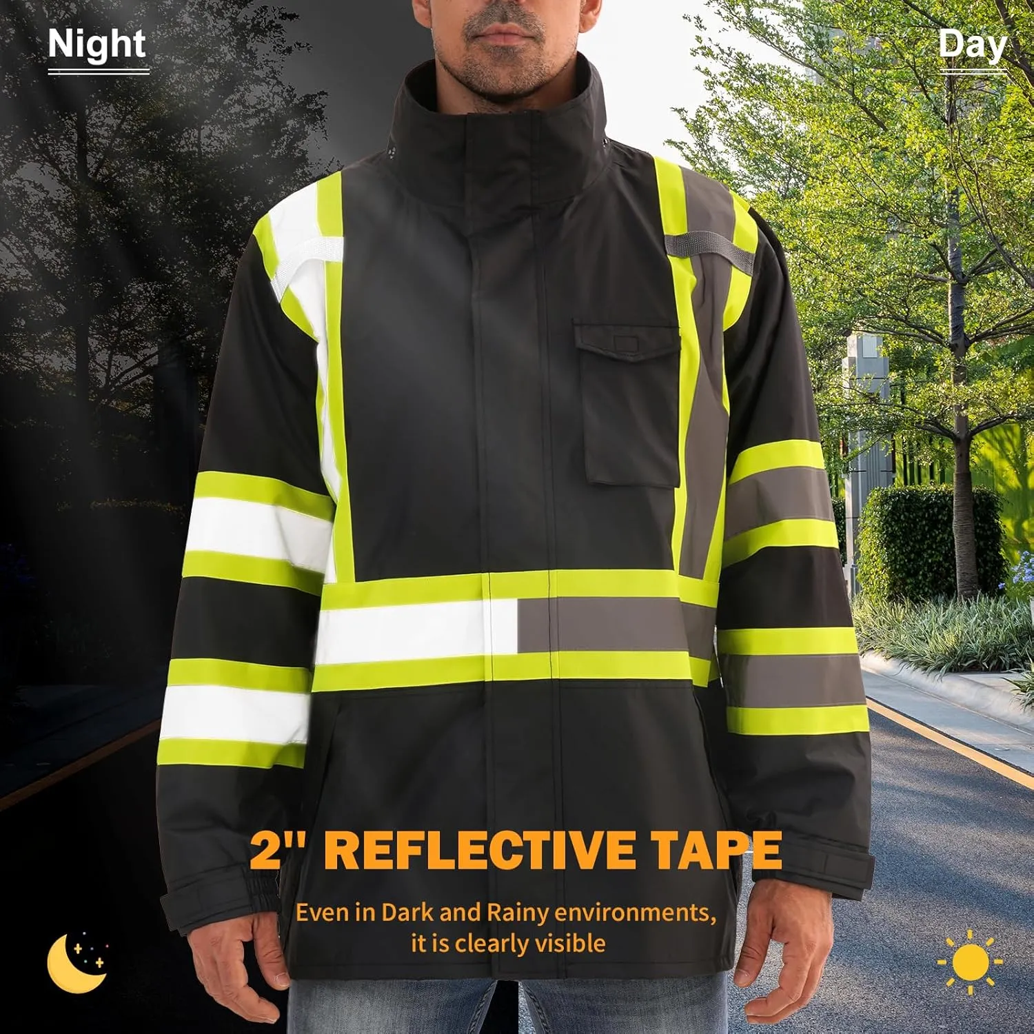 Reflective Rain jackets for men waterproof,Hi Vis Safety Coat With Reflective StripsHigh Visibility Class 3 Rain jackets With 2 large pocketsZipper,Black SM/MD