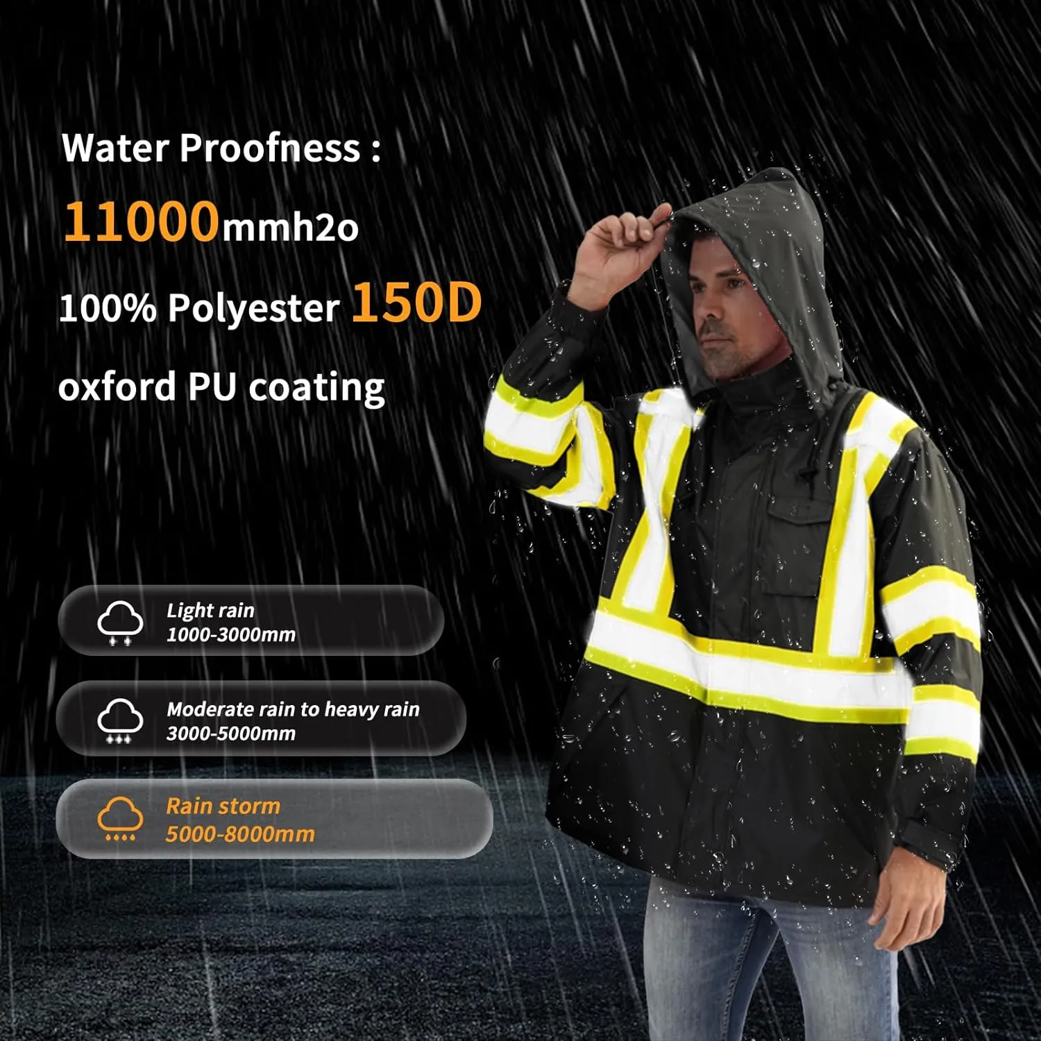 Reflective Rain jackets for men waterproof,Hi Vis Safety Coat With Reflective StripsHigh Visibility Class 3 Rain jackets With 2 large pocketsZipper,Black SM/MD