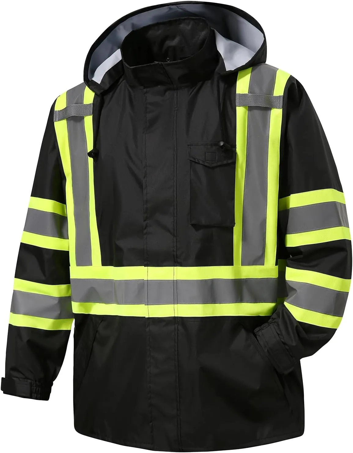 Reflective Rain jackets for men waterproof,Hi Vis Safety Coat With Reflective StripsHigh Visibility Class 3 Rain jackets With 2 large pocketsZipper,Black SM/MD