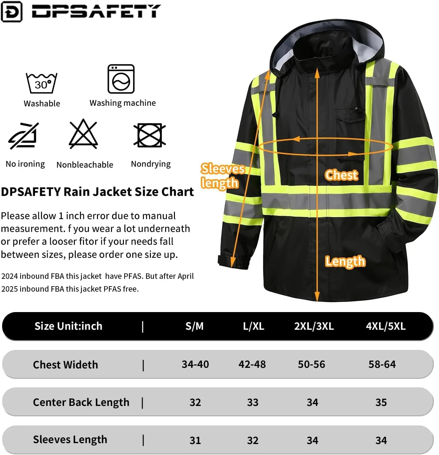 Reflective Rain jackets for men waterproof,Hi Vis Safety Coat With Reflective StripsHigh Visibility Class 3 Rain jackets With 2 large pocketsZipper,Black SM/MD