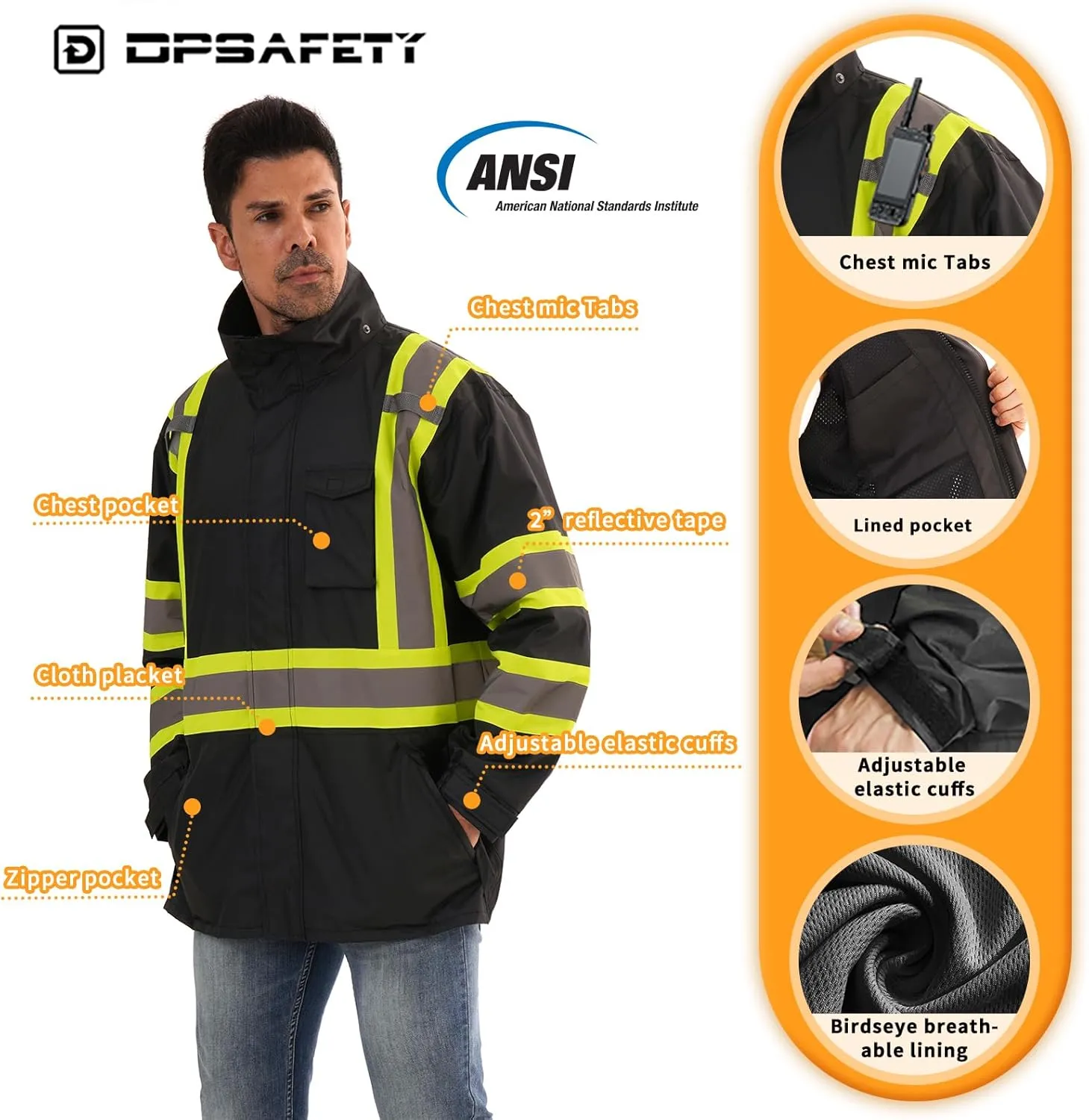 Reflective Rain jackets for men waterproof,Hi Vis Safety Coat With Reflective StripsHigh Visibility Class 3 Rain jackets With 2 large pocketsZipper,Black SM/MD