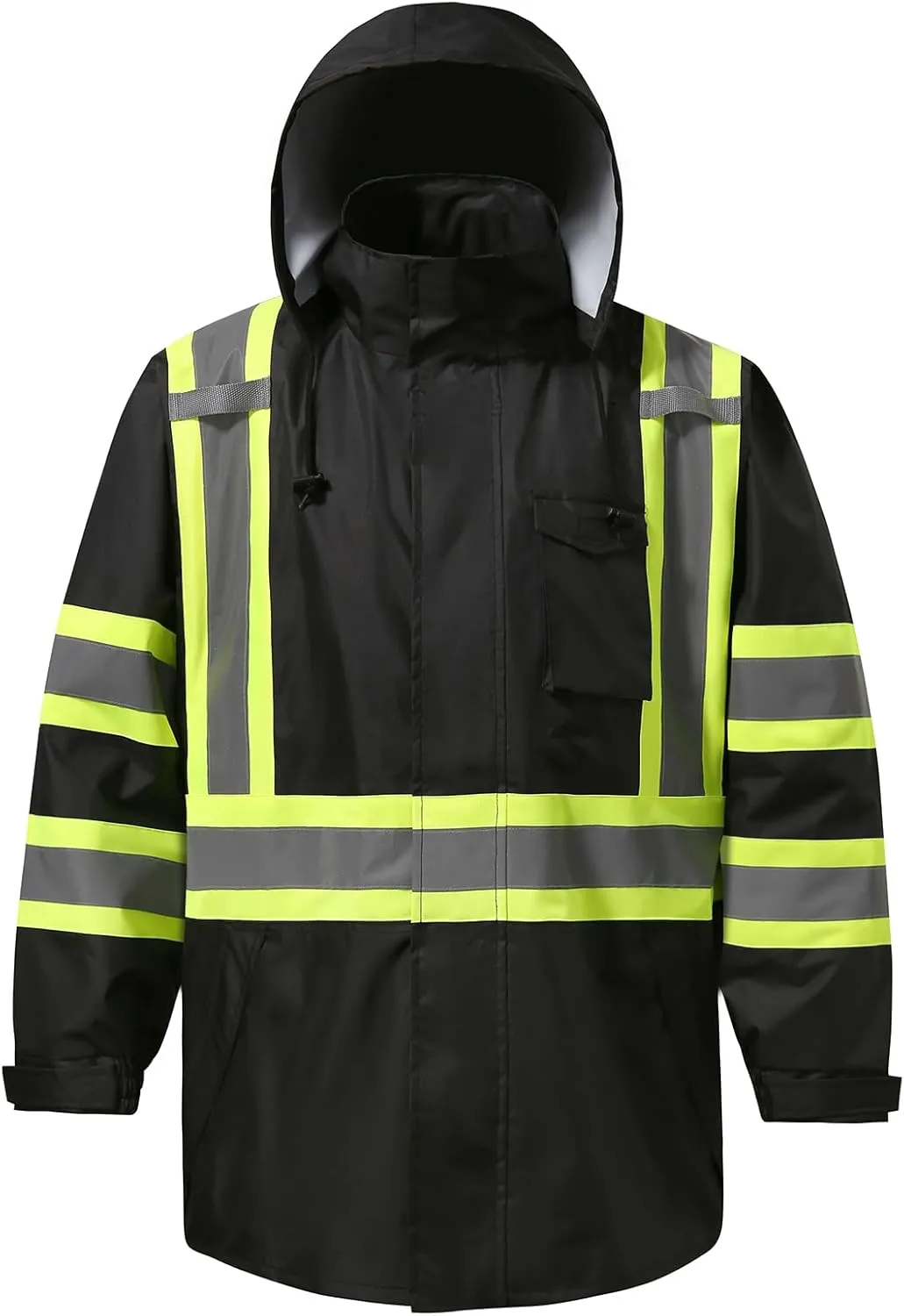 Reflective Rain jackets for men waterproof,Hi Vis Safety Coat With Reflective StripsHigh Visibility Class 3 Rain jackets With 2 large pocketsZipper,Black SM/MD