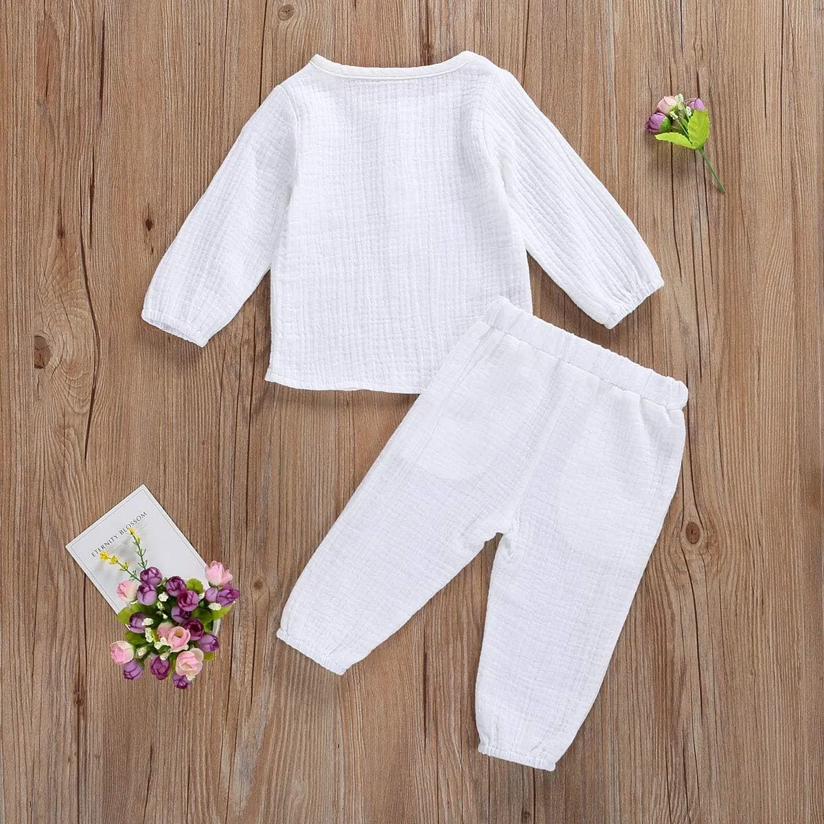 Toddler Baby Boy Girl Clothes Cotton Linen Long Sleeve Button Pullover Tops Drawstring Pants Set Casual Outfit