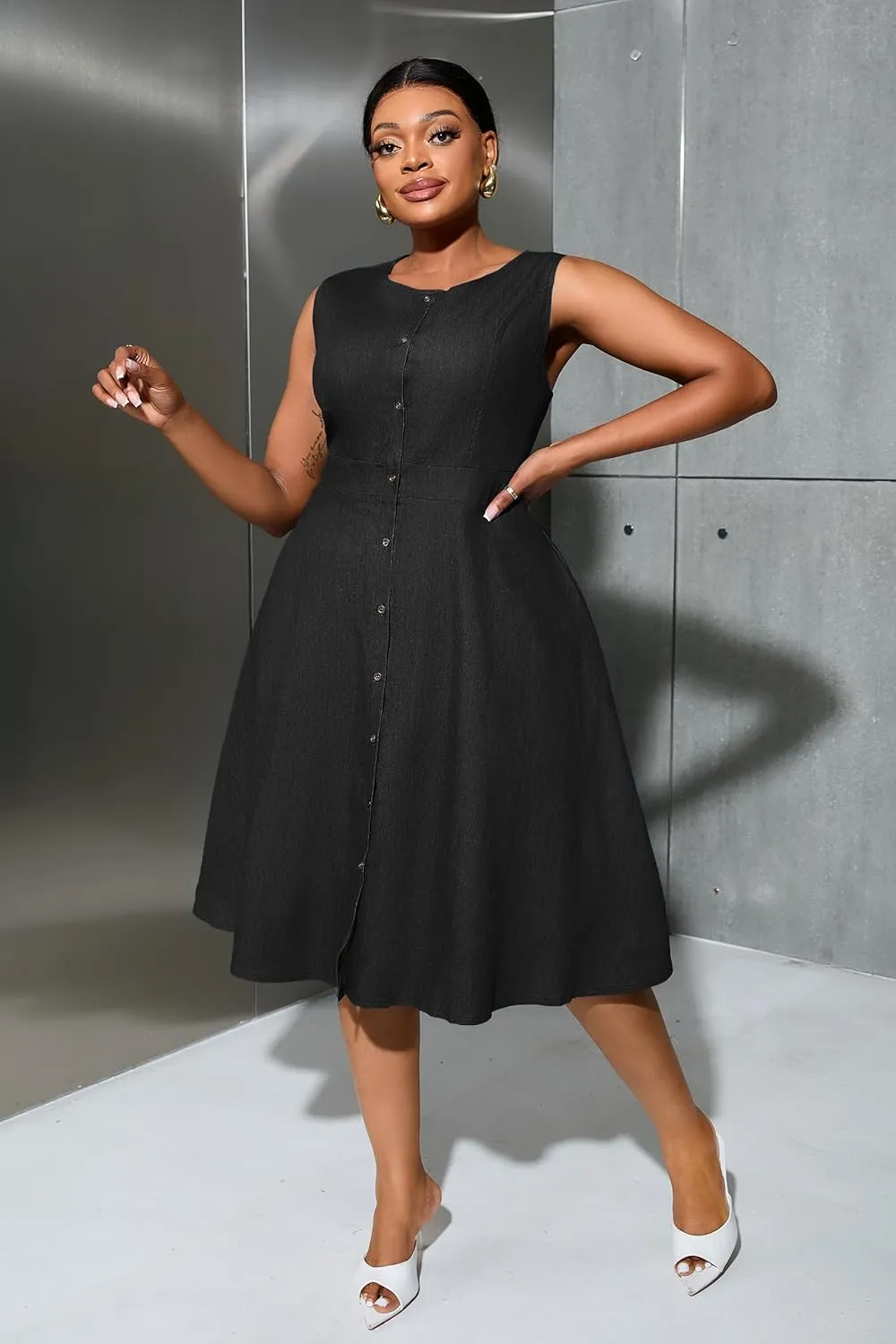 VERWIN Plus Size Two Pieces Denim Dress with Jackets Midi Dress Button Down Party Long Sleeve Shirt Dress Outfits
