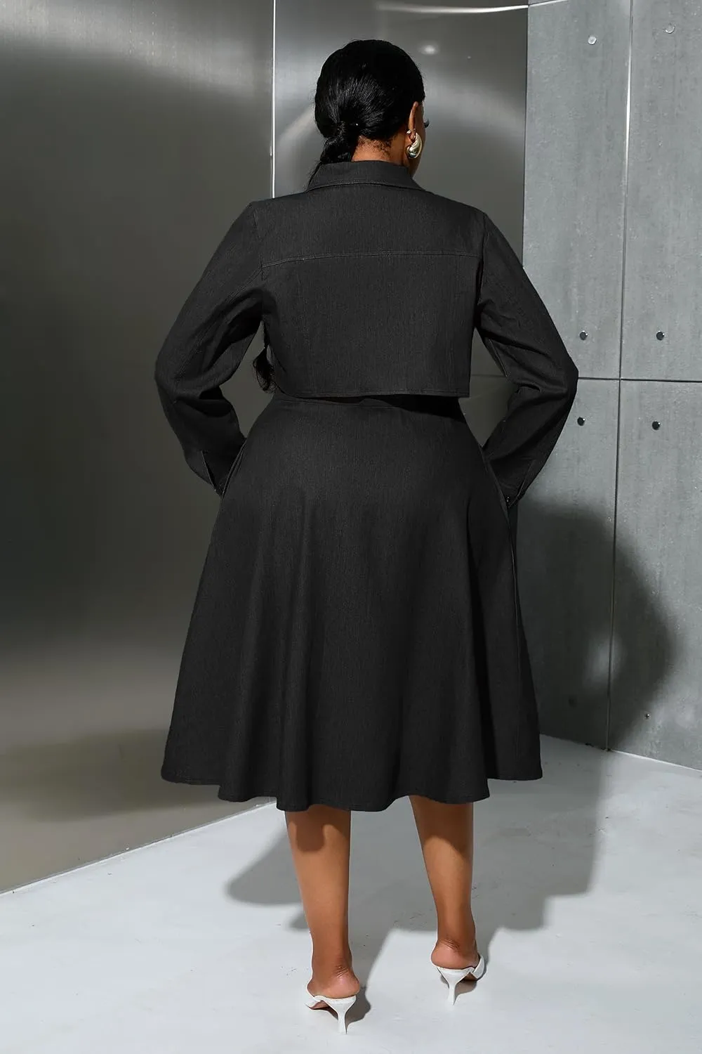 VERWIN Plus Size Two Pieces Denim Dress with Jackets Midi Dress Button Down Party Long Sleeve Shirt Dress Outfits
