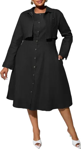 VERWIN Plus Size Two Pieces Denim Dress with Jackets Midi Dress Button Down Party Long Sleeve Shirt Dress Outfits