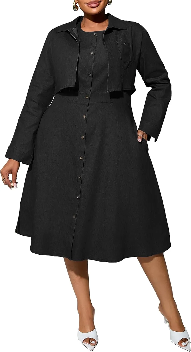 VERWIN Plus Size Two Pieces Denim Dress with Jackets Midi Dress Button Down Party Long Sleeve Shirt Dress Outfits