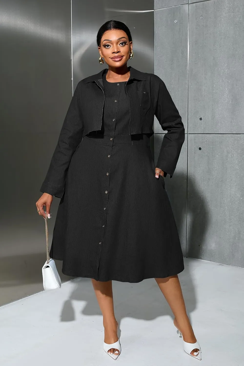 VERWIN Plus Size Two Pieces Denim Dress with Jackets Midi Dress Button Down Party Long Sleeve Shirt Dress Outfits