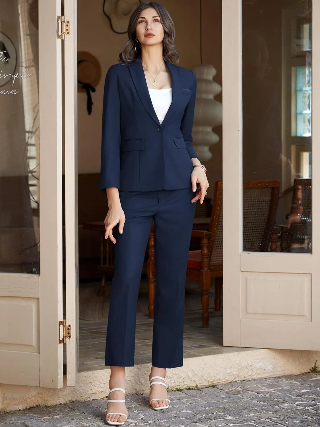 Women's 2 Piece Business Office Suit Lady Peaked Lapel Slim Fit One Button Blazer Jacket and Pants Set