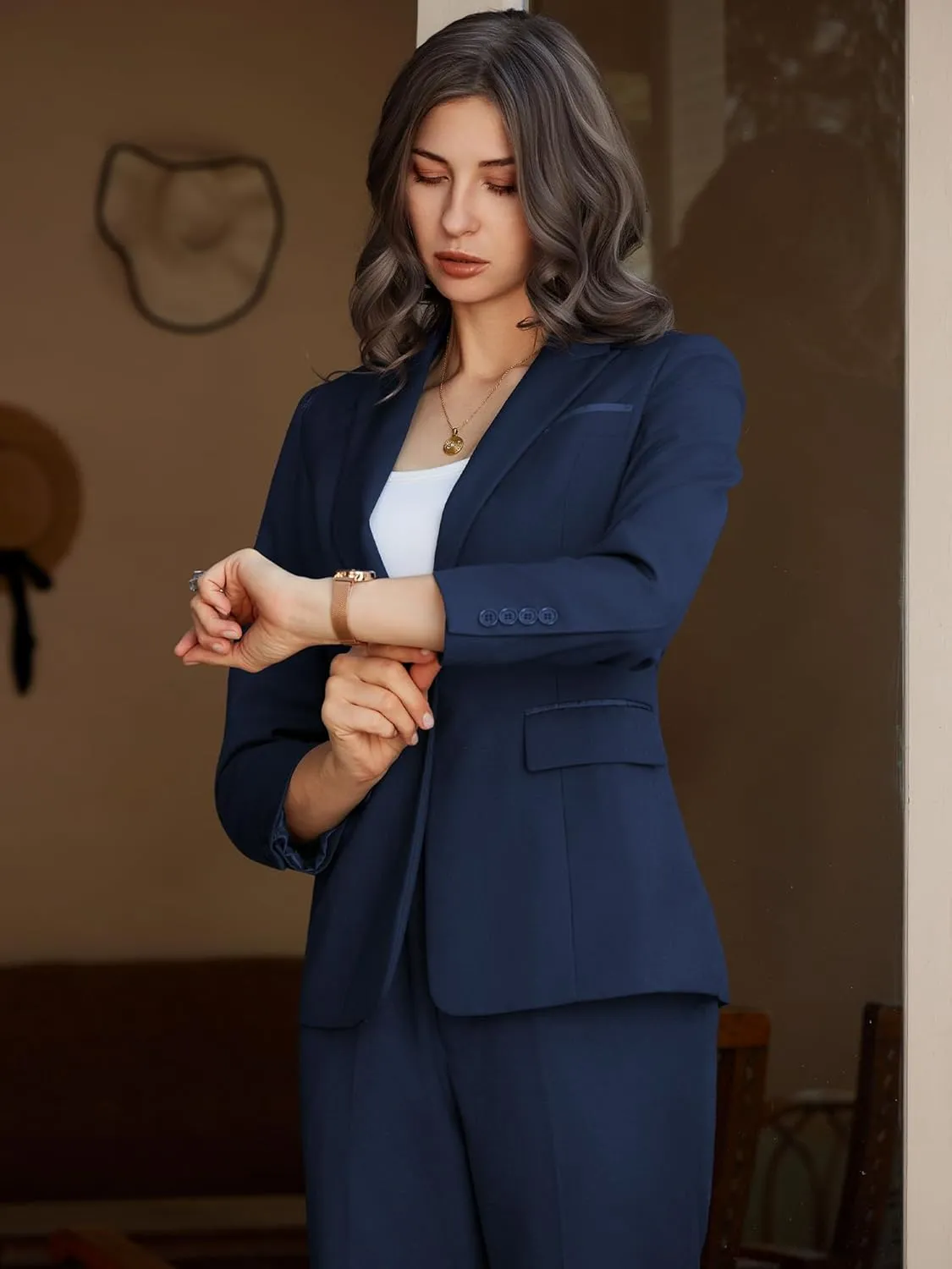 Women's 2 Piece Business Office Suit Lady Peaked Lapel Slim Fit One Button Blazer Jacket and Pants Set