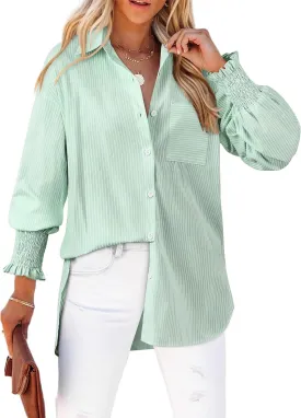 Womens Button Down Shirts Smocked Long Puff Sleeve Oversized Boyfriend Blouses
