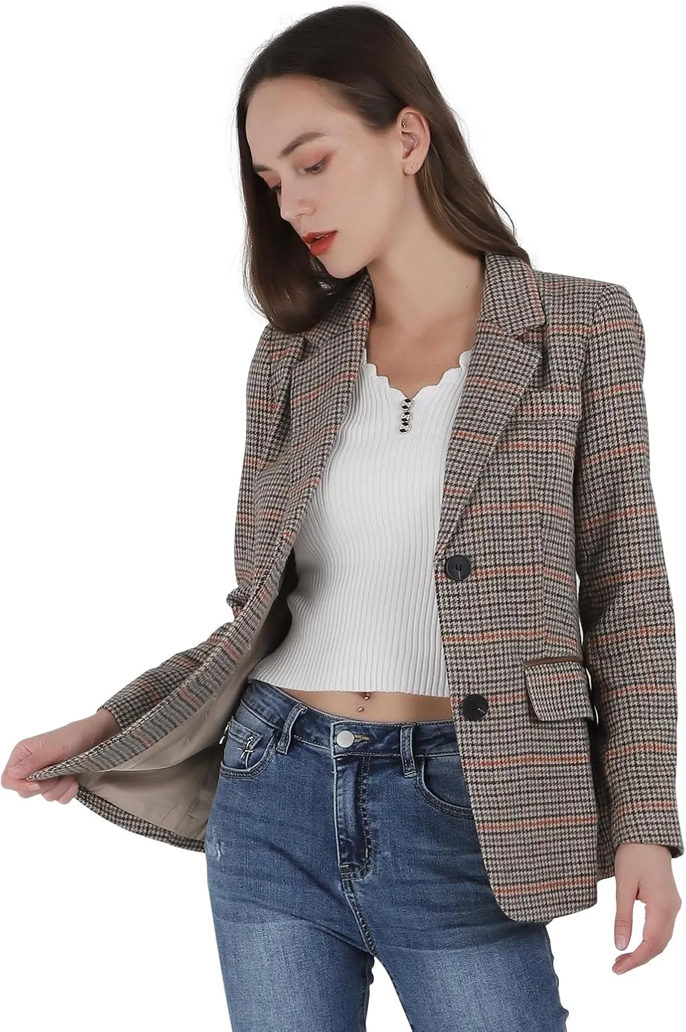 Women's Fashion Notched Lapel Wool Plaid Blazer Slim Long Sleeve Jacket with Elbow Patch