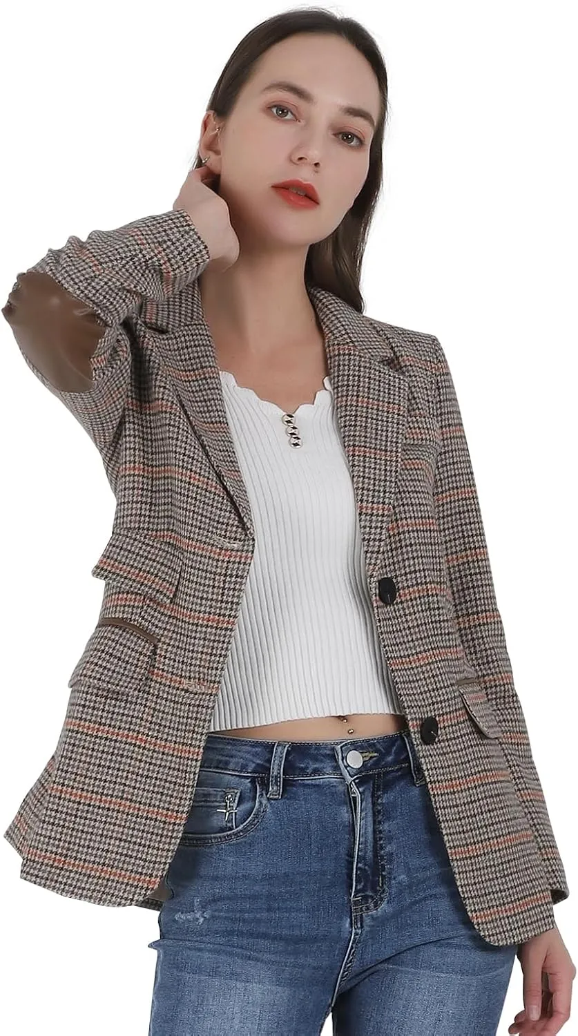 Women's Fashion Notched Lapel Wool Plaid Blazer Slim Long Sleeve Jacket with Elbow Patch