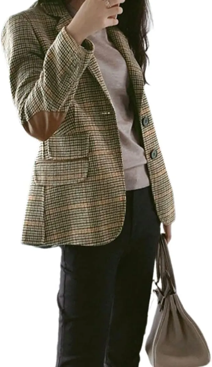 Women's Fashion Notched Lapel Wool Plaid Blazer Slim Long Sleeve Jacket with Elbow Patch