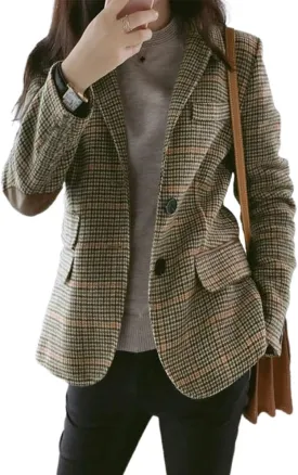 Women's Fashion Notched Lapel Wool Plaid Blazer Slim Long Sleeve Jacket with Elbow Patch