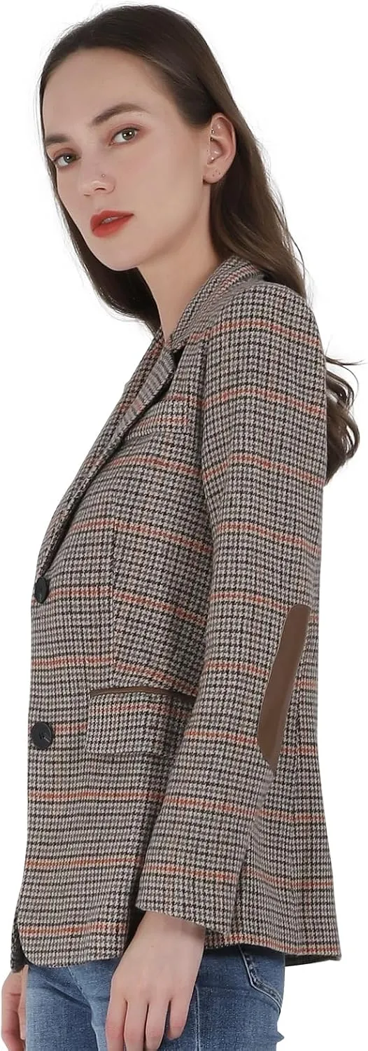 Women's Fashion Notched Lapel Wool Plaid Blazer Slim Long Sleeve Jacket with Elbow Patch