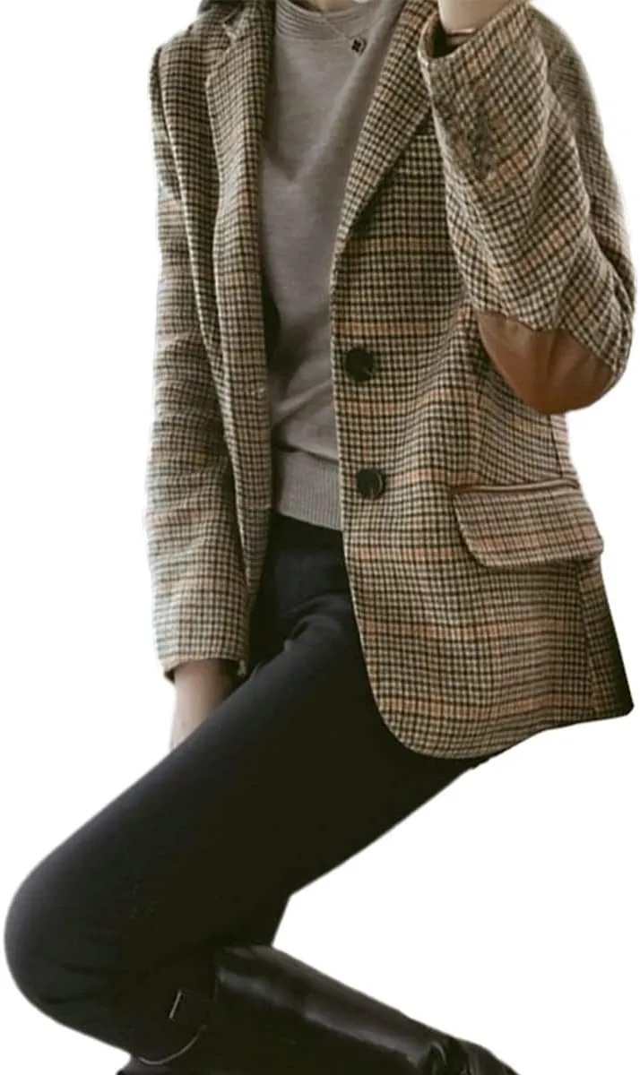 Women's Fashion Notched Lapel Wool Plaid Blazer Slim Long Sleeve Jacket with Elbow Patch