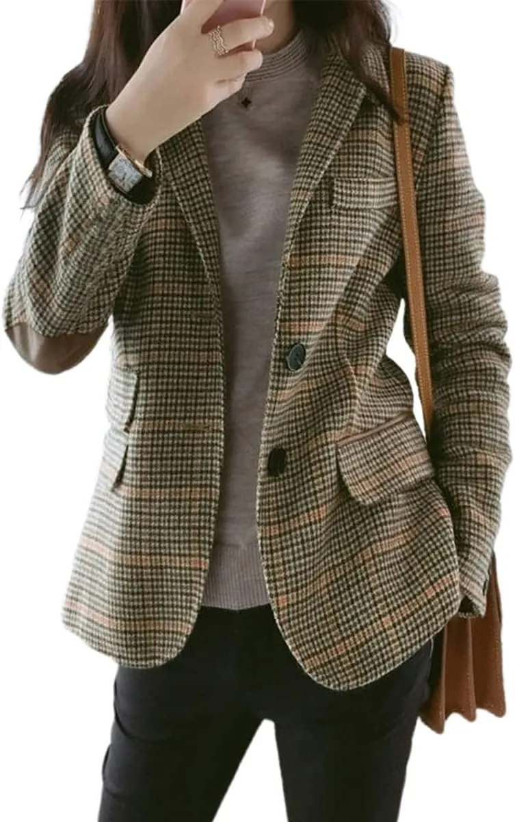 Women's Fashion Notched Lapel Wool Plaid Blazer Slim Long Sleeve Jacket with Elbow Patch