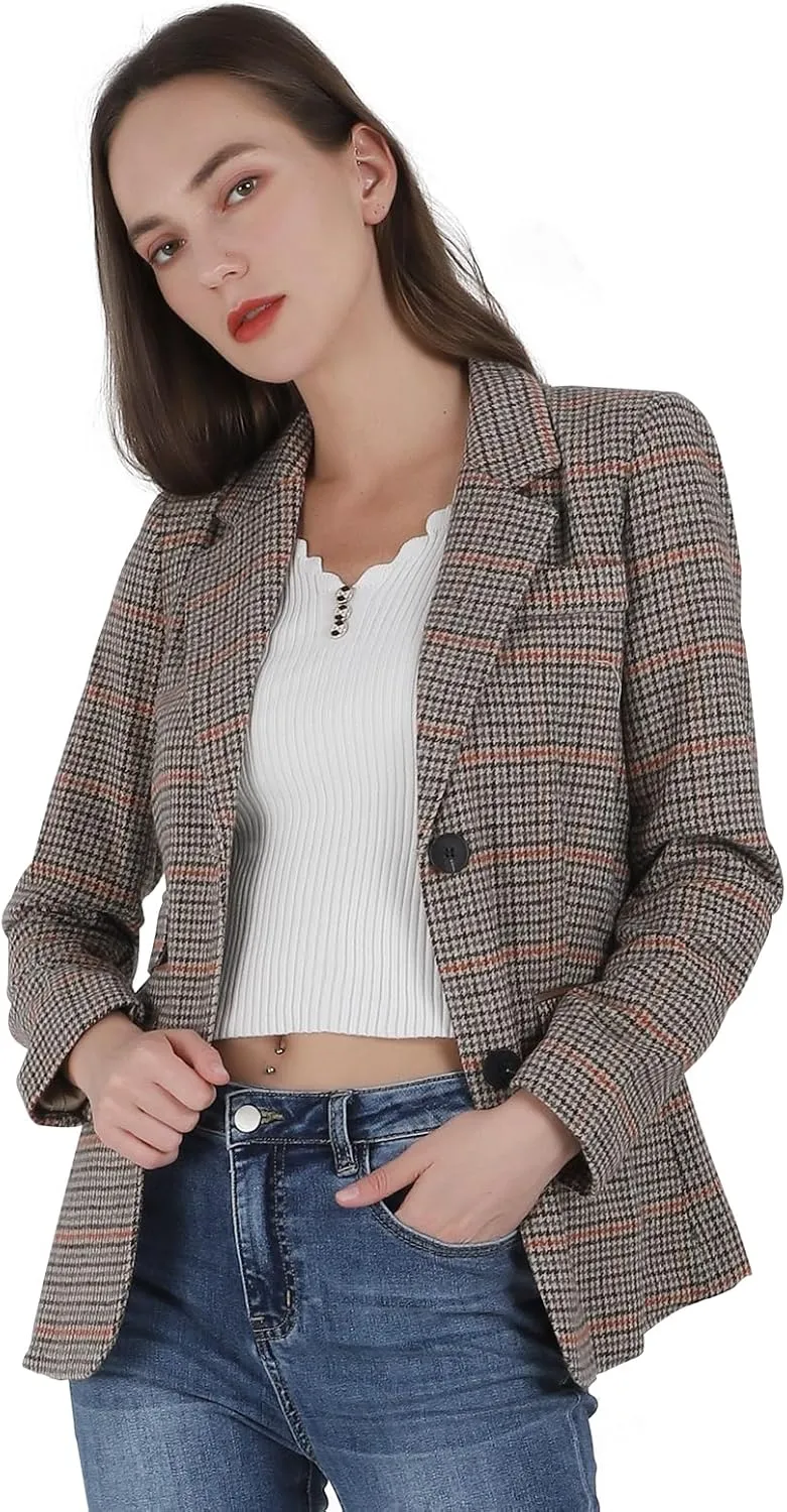 Women's Fashion Notched Lapel Wool Plaid Blazer Slim Long Sleeve Jacket with Elbow Patch