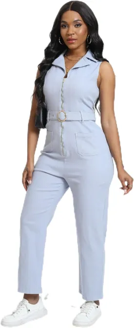 Women's SLEEVELESS V Collar Belted High Waist Fashion Zipper Slim fit Jean Pants Rompers ?