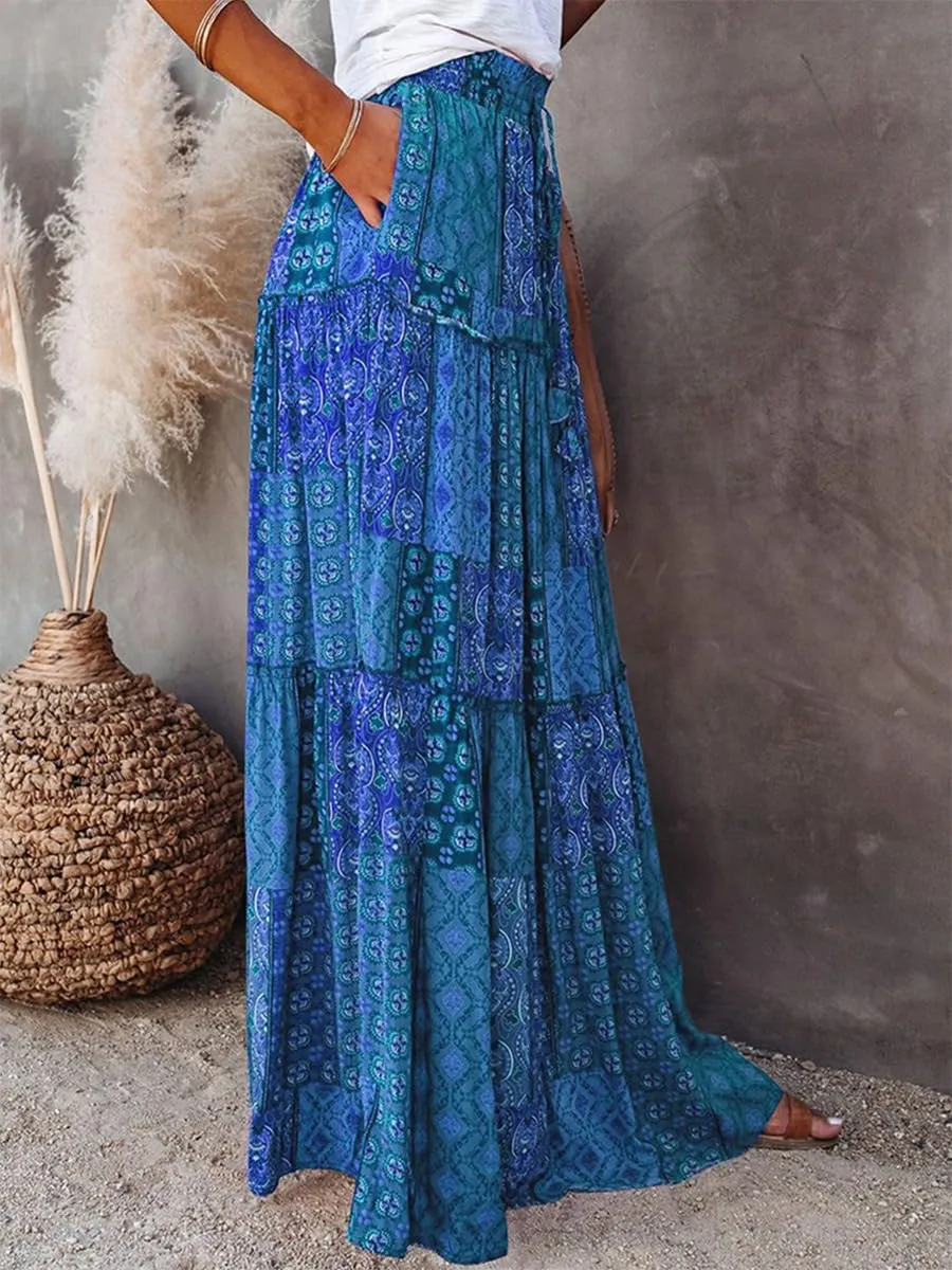 Women's Summer Beach Bohemian Long Skirt Floral Printed Maxi Skirt Vintage Stretch High Waist Halter Skirt