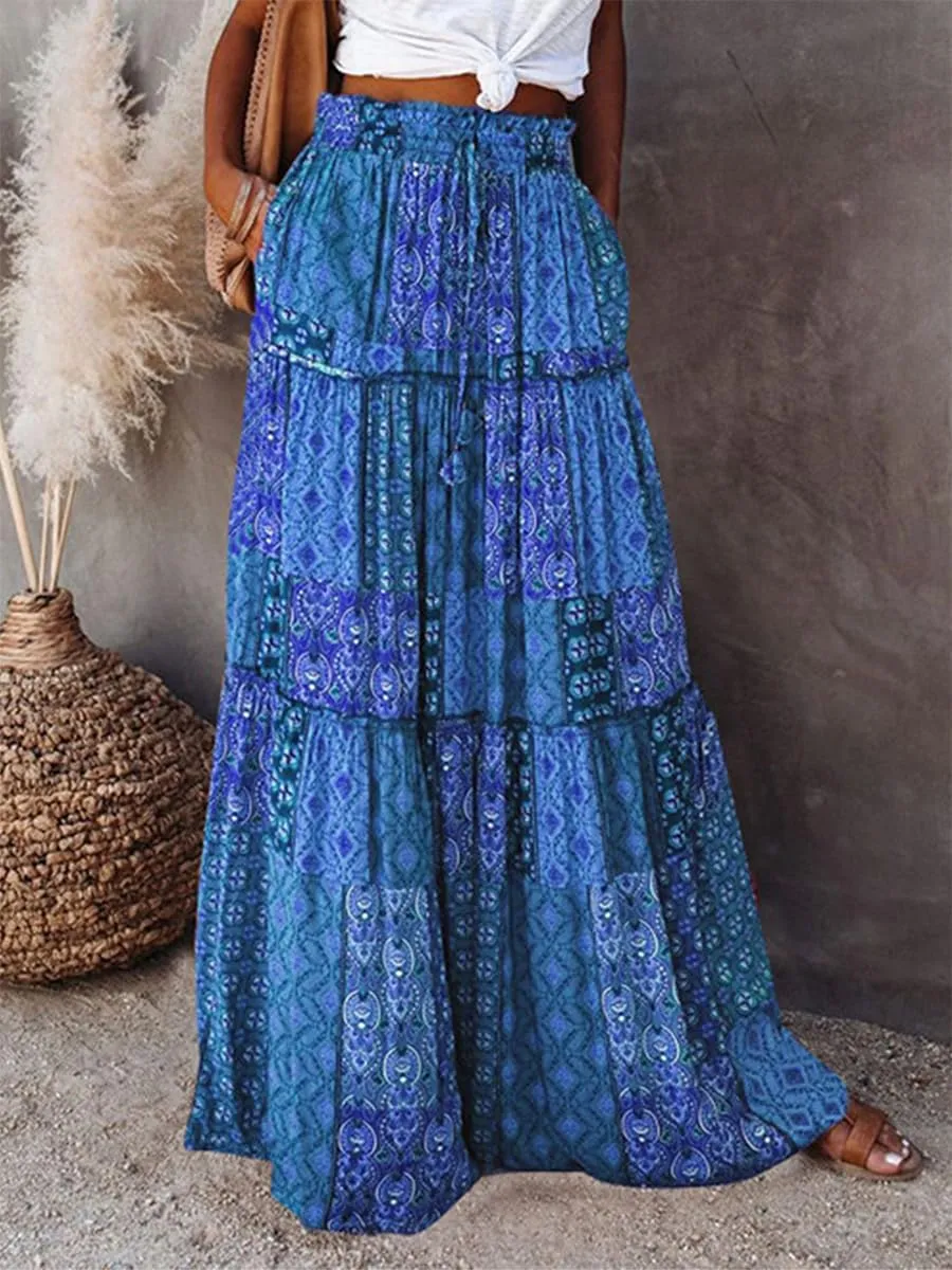 Women's Summer Beach Bohemian Long Skirt Floral Printed Maxi Skirt Vintage Stretch High Waist Halter Skirt