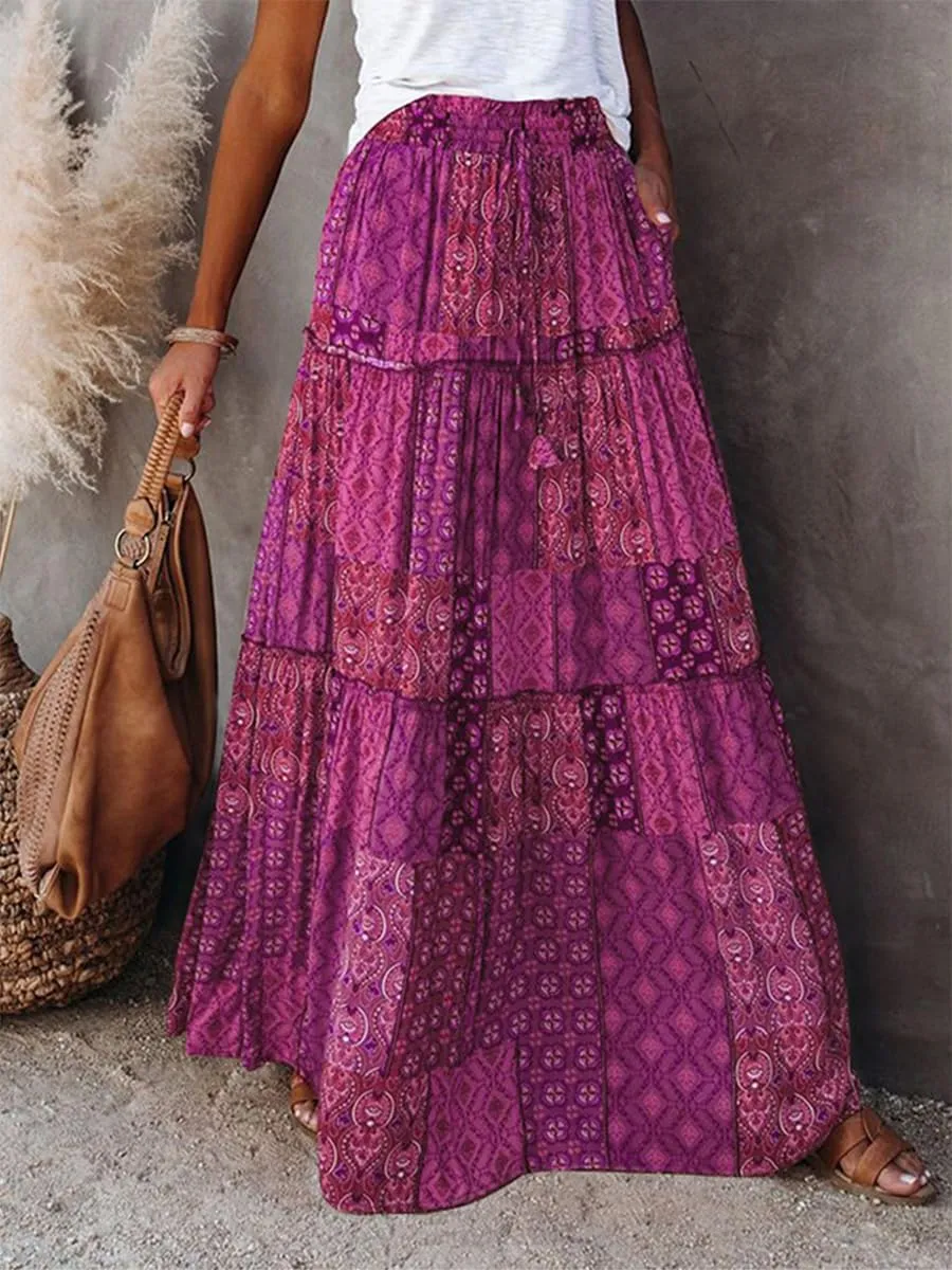 Women's Summer Beach Bohemian Long Skirt Floral Printed Maxi Skirt Vintage Stretch High Waist Halter Skirt