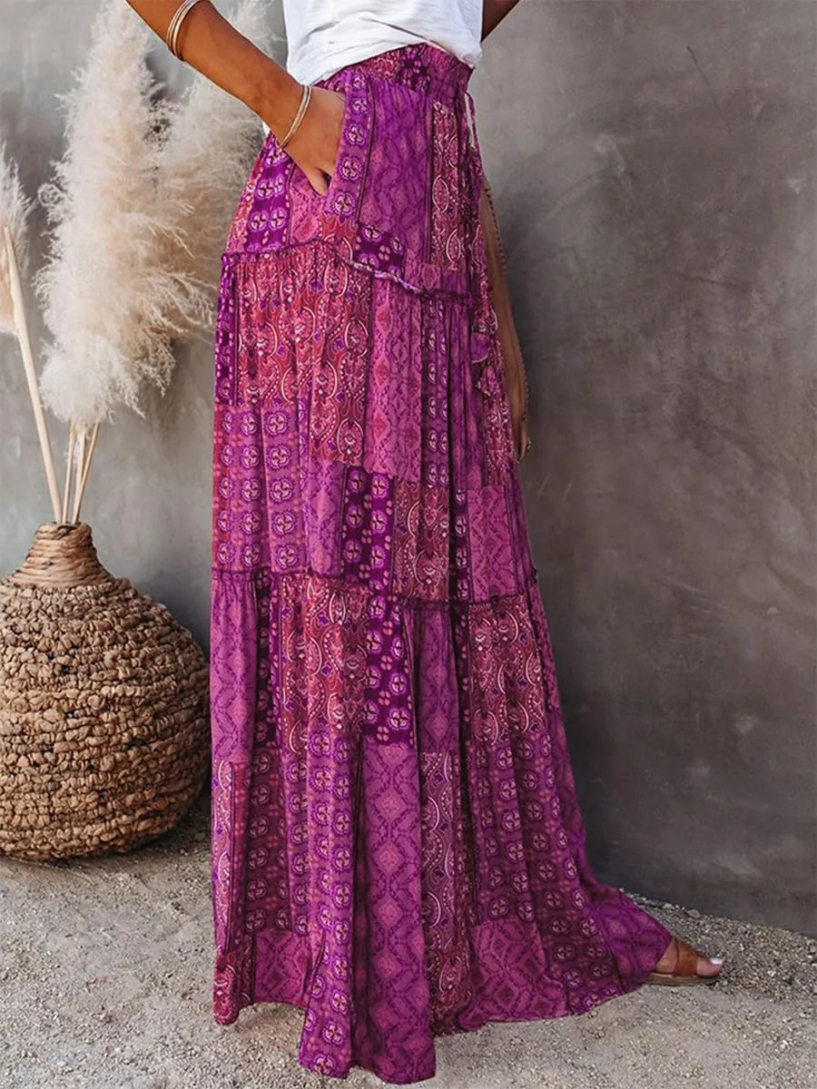 Women's Summer Beach Bohemian Long Skirt Floral Printed Maxi Skirt Vintage Stretch High Waist Halter Skirt