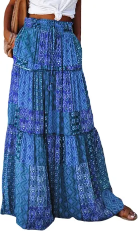 Women's Summer Beach Bohemian Long Skirt Floral Printed Maxi Skirt Vintage Stretch High Waist Halter Skirt