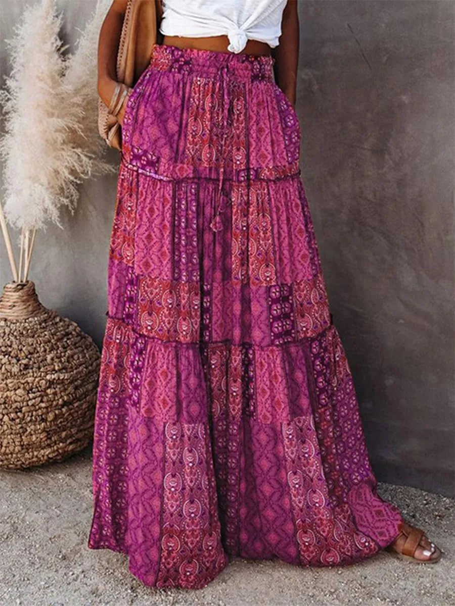 Women's Summer Beach Bohemian Long Skirt Floral Printed Maxi Skirt Vintage Stretch High Waist Halter Skirt