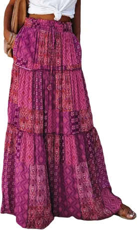 Women's Summer Beach Bohemian Long Skirt Floral Printed Maxi Skirt Vintage Stretch High Waist Halter Skirt